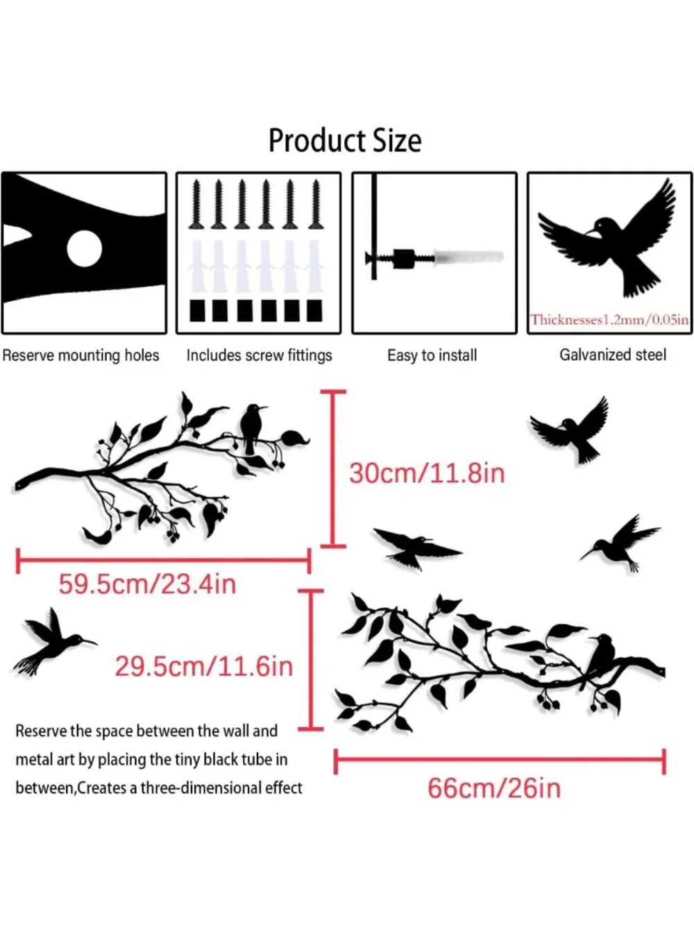 4PCS Large Metal Wall Art Decor - Birds on Branches, Black Leaves, Hummingbirds
